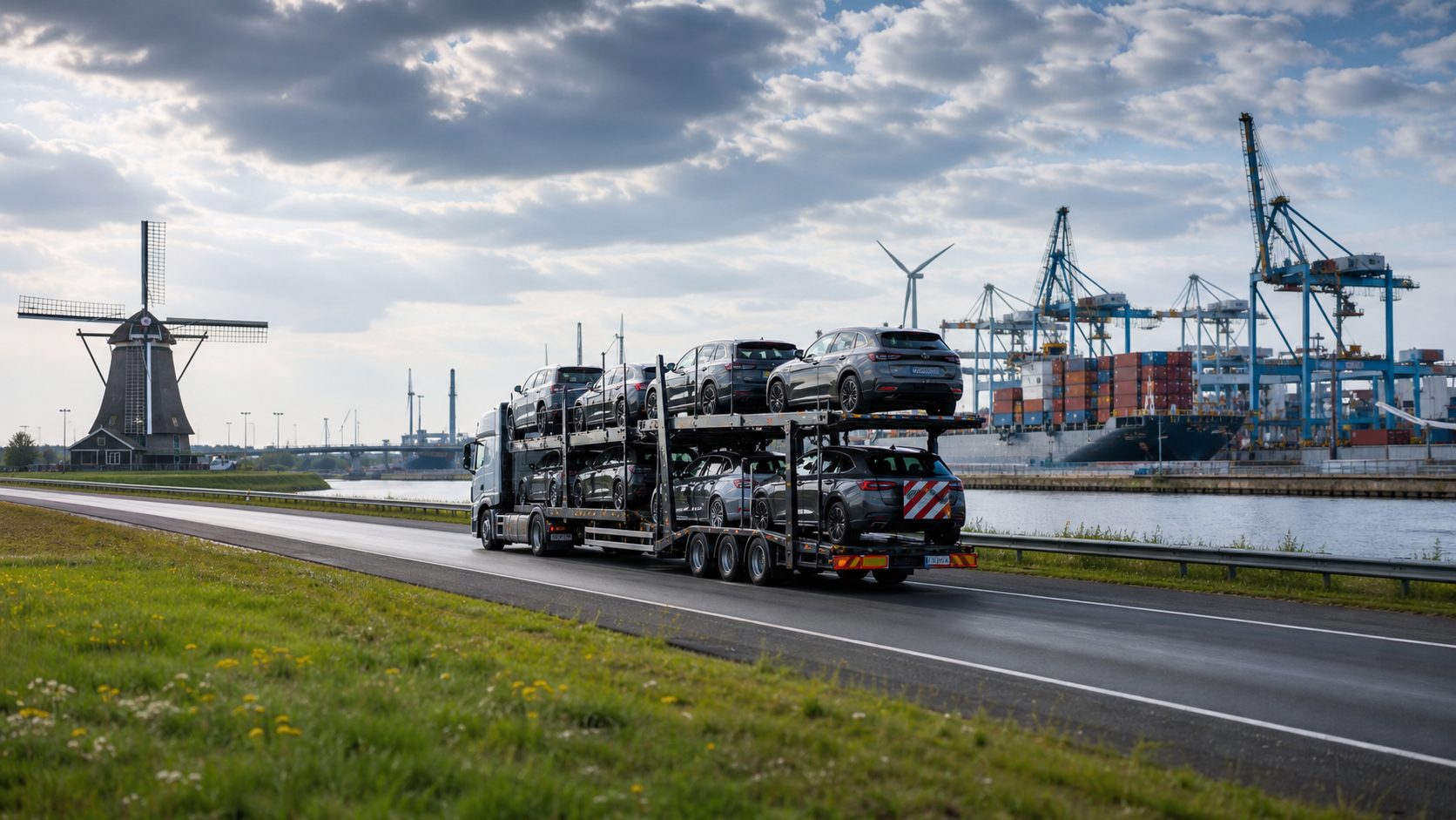 Automotive logistics in the Netherlands with vehicle transport, port infrastructure, and wind turbines