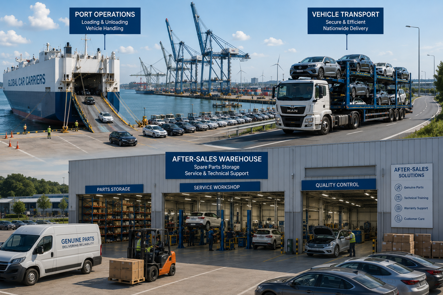 Benchmark Logistics port operations, vehicle transport, and after-sales warehouse